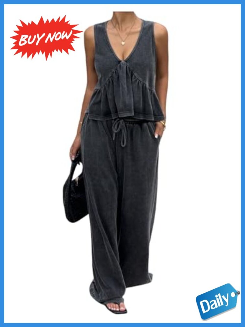 Women's 2 Piece Pant Set V Neck Tank Top Wide Leg Pants Lounge Set